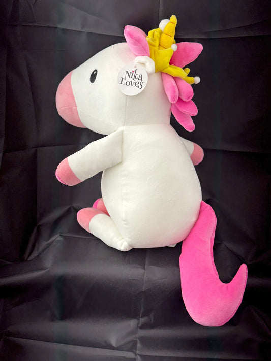 18" Princess Elena Unicorn plush stuffed animal with pink mane, golden crown, and soft white body from the Nika Loves series
