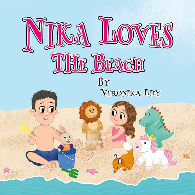 Cover of "Nika Loves The Beach" hard cover children's book featuring Nika, Geno, and stuffed animals on the beach.
