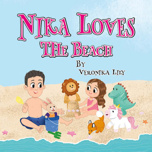 Cover of "Nika Loves The Beach" hard cover children's book featuring Nika, Geno, and stuffed animals on the beach.
