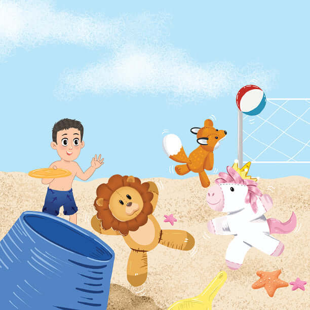 Boy playing at the beach with stuffed animal friends, including a lion, unicorn, and fox, near a sandcastle and beach toys.