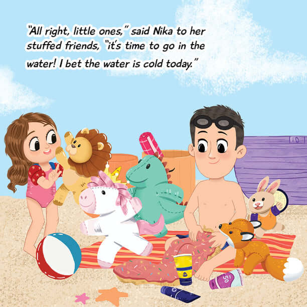Nika and Geno playing with stuffed animals and beach toys on a sunny beach day from the children's book 'Nika Loves The Beach'.