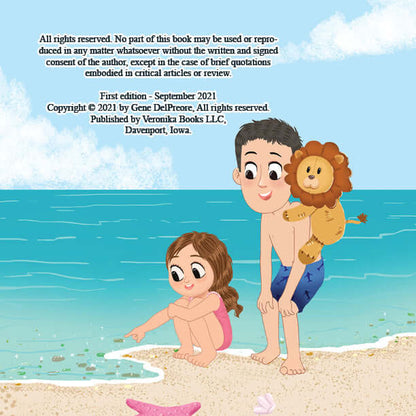 Nika and Geno exploring the beach with stuffed lion on Geno's back, from "Nika Loves The Beach" hard cover children's book.